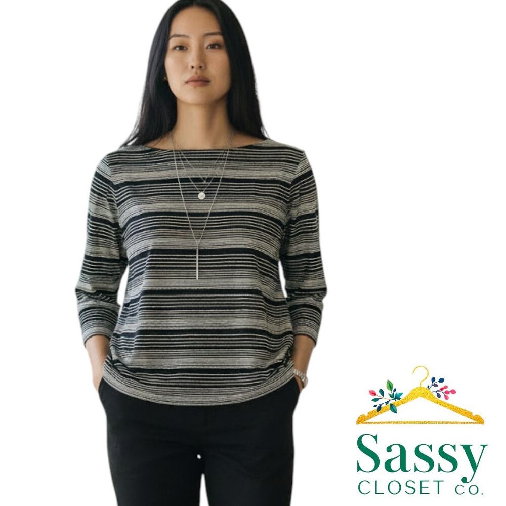 Talbots Black White Striped Pima Cotton 3/4 Sleeve Top 3X Petite EUC